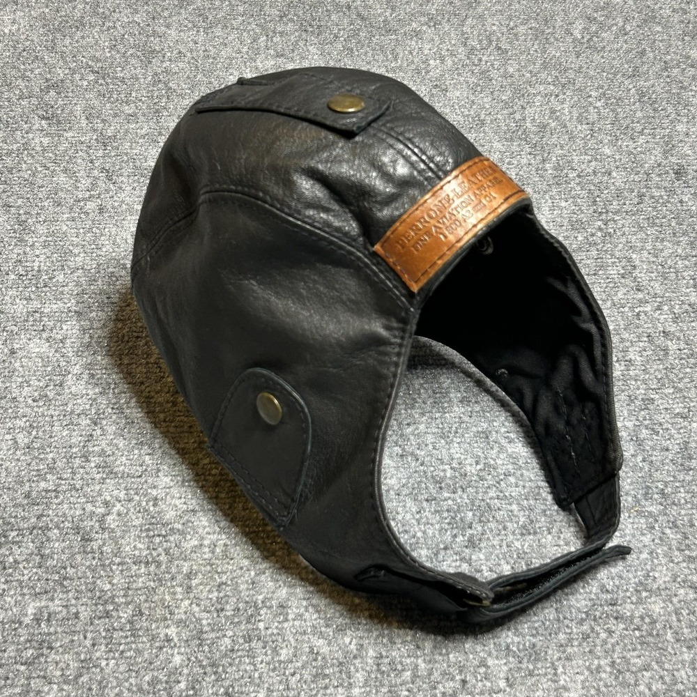 Perrone Leather Hat Trapper Mens M Black Aviation Leather Ear Flap USA Lined